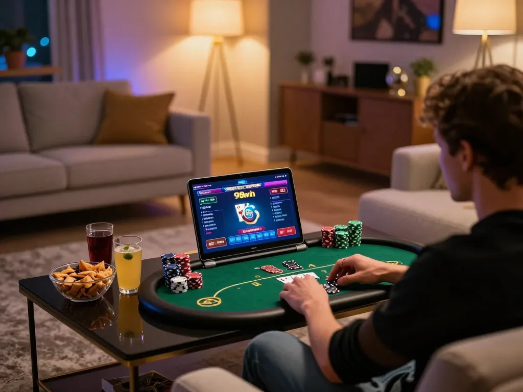 Engaging 98win poker session on a cozy sofa, showcasing the excitement of online gambling.