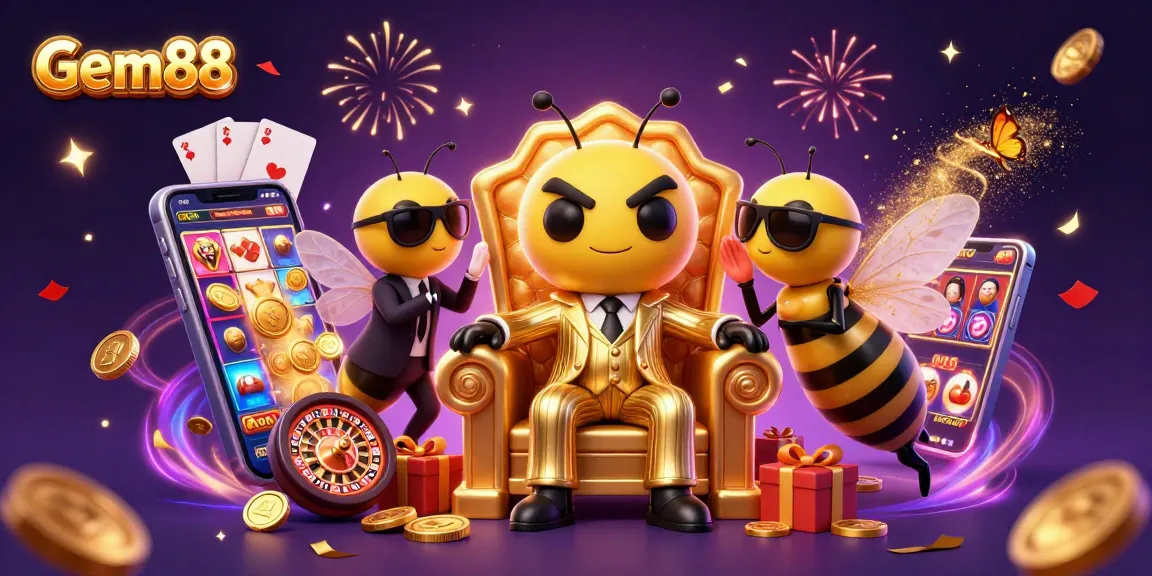 Experience Gem88’s thrilling gaming world with spinning slots and vibrant casino elements.