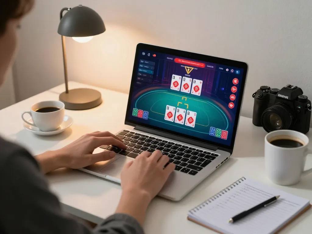 Play poker strategically with LC88 on a stylish laptop in a cozy home setting.