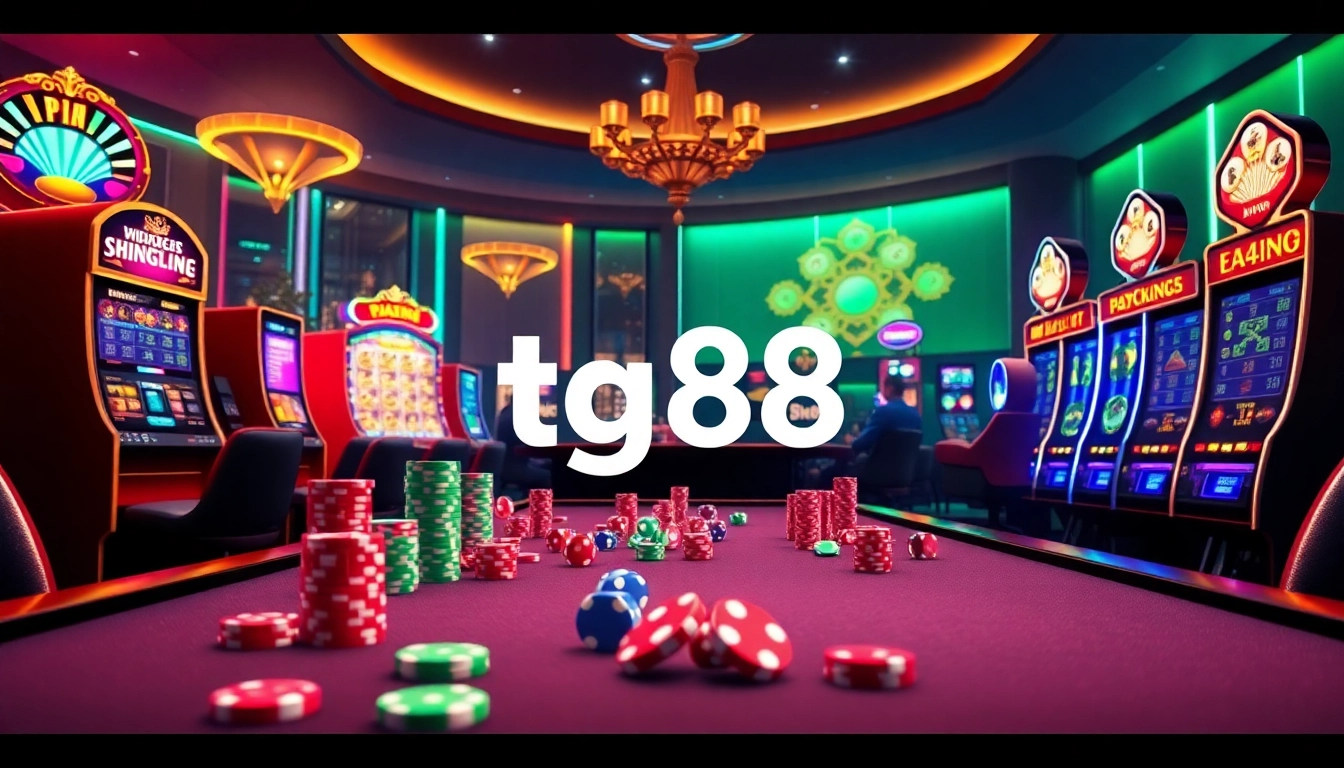 Tg88 casino experience with vibrant gaming tables and colorful gambling elements.