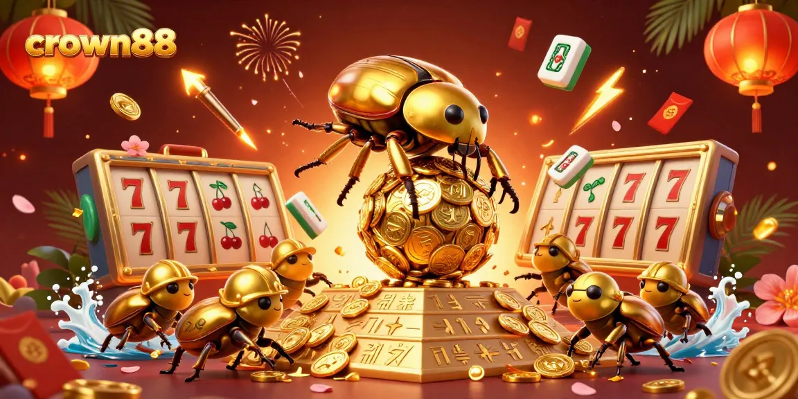 Crown88 slots come alive with golden beetles bringing jackpot dreams to life in a dynamic casino scene.