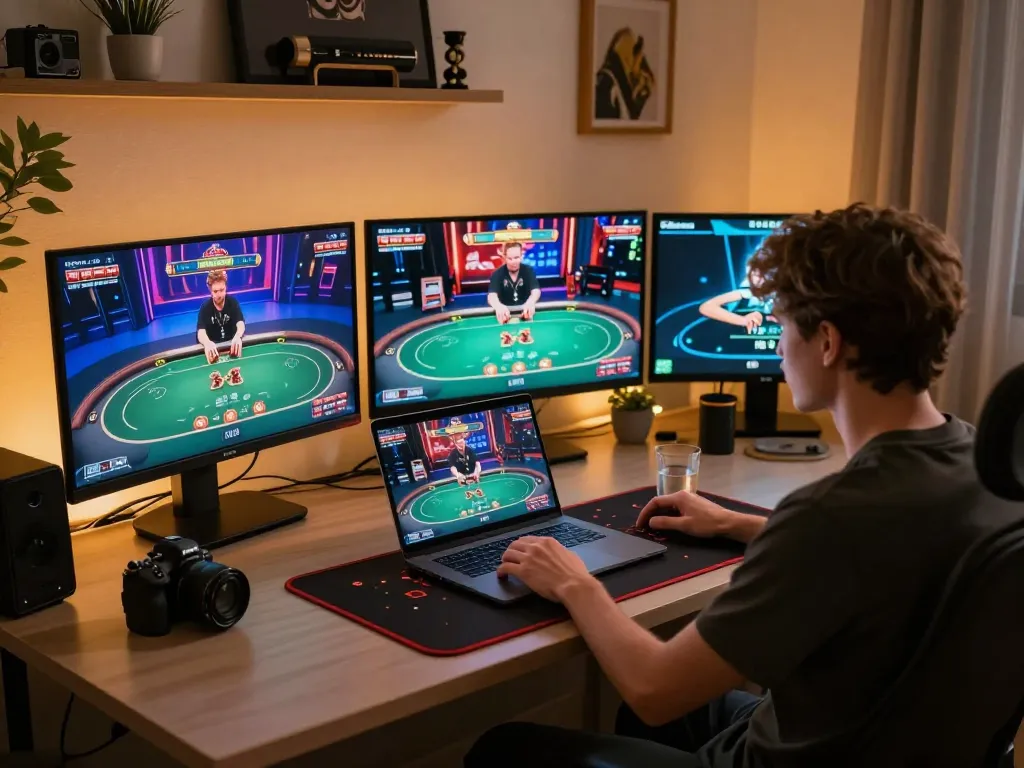 Engaging in online poker gaming through 789WIN with a cozy home setup, showcasing strategy and enjoyment.