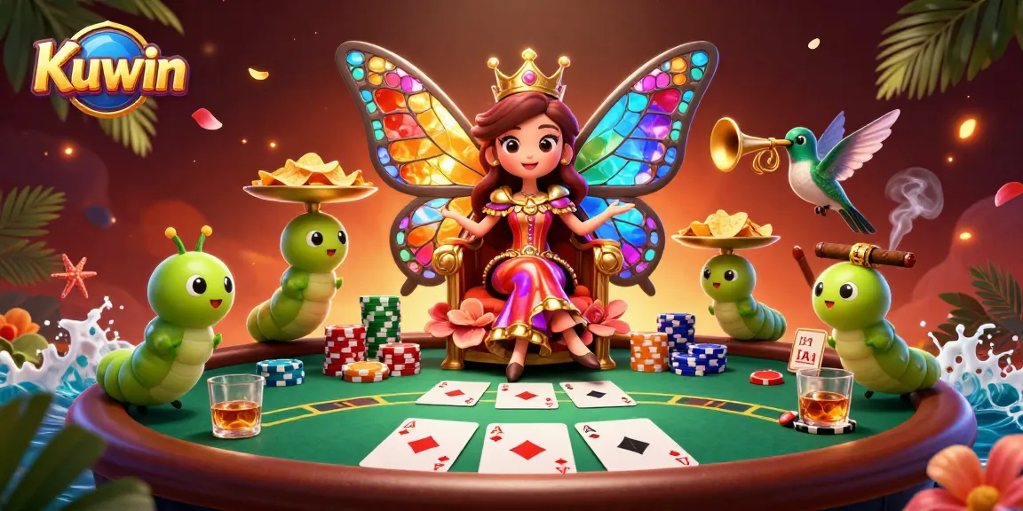 Kuwin offers a vibrant casino experience with rich gaming elements, showcasing a colorful butterfly queen and poker chips.