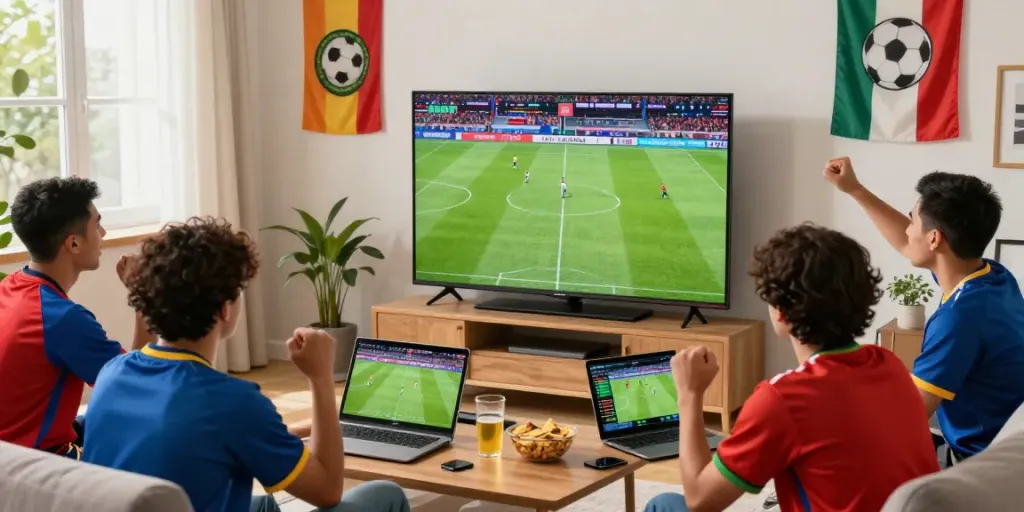 Excited fans enjoying a live football match at home on https://socolivekz.uk, surrounded by team gear and snacks.