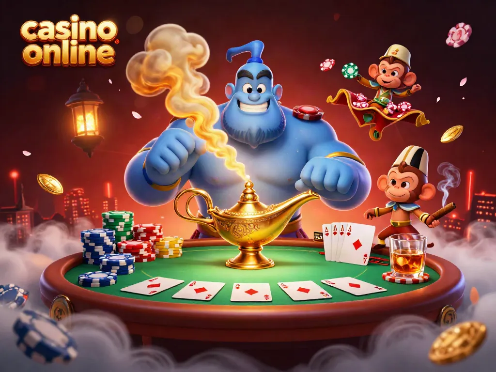 Juega en un casino online lleno de emoción con un genio, un mono y fichas de póker.