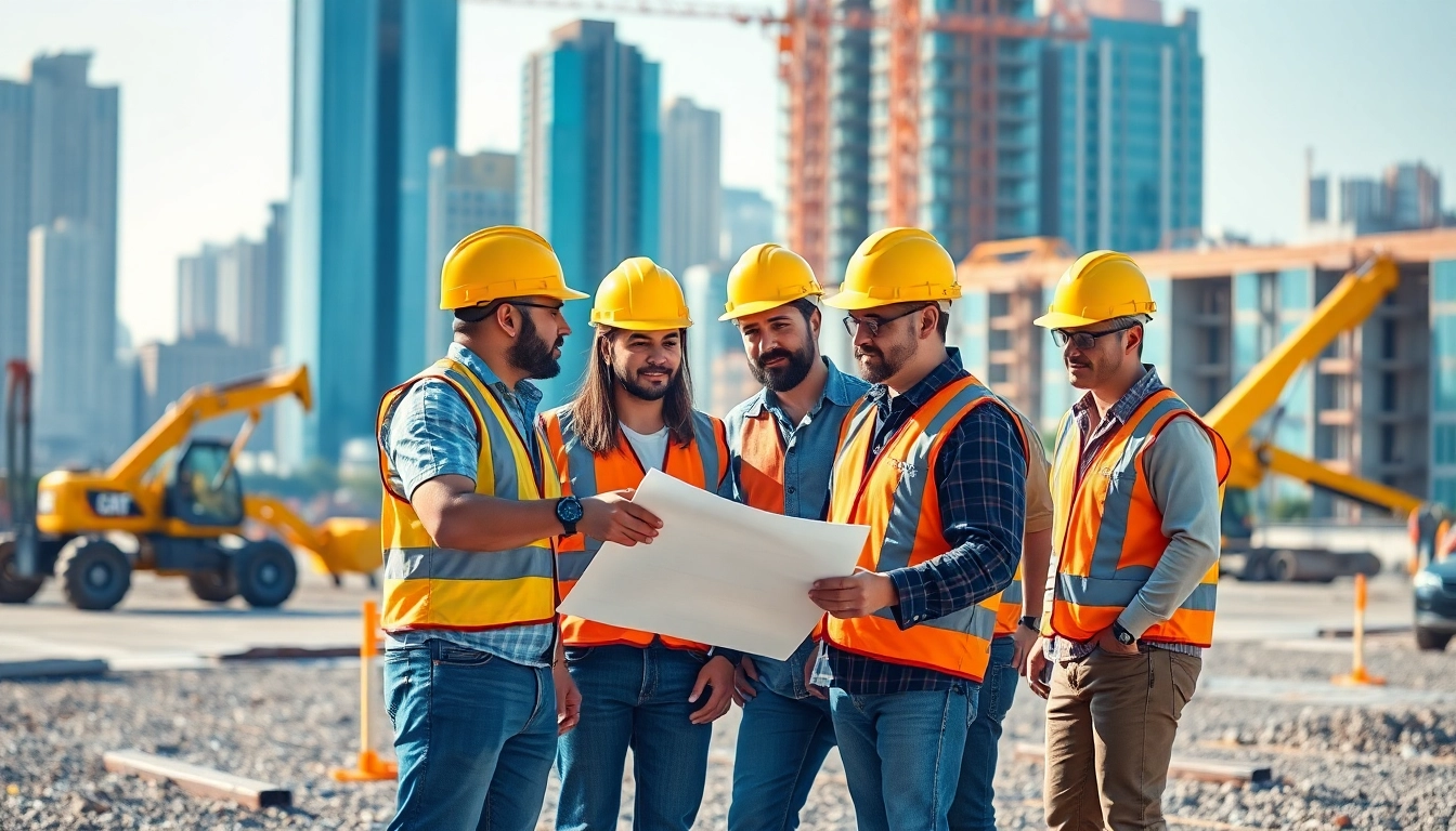 Workers discussing plans for a construction career on an active site surrounded by equipment.