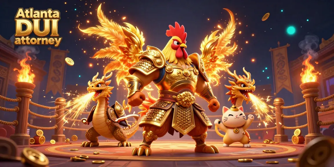 Engaging Atlanta DUI attorney graphic featuring a cartoon rooster warrior and fierce dragon in a dynamic casino setting.