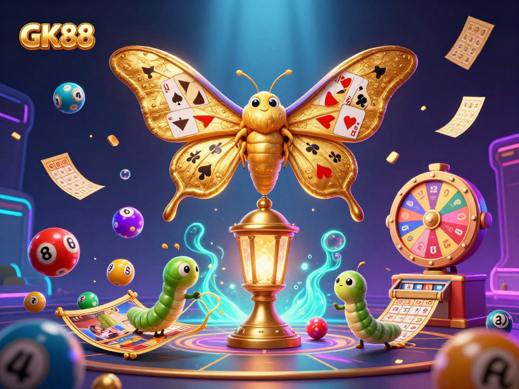 Experience excitement at GK88 with a vibrant illustration of golden lottery balls and a majestic moth.