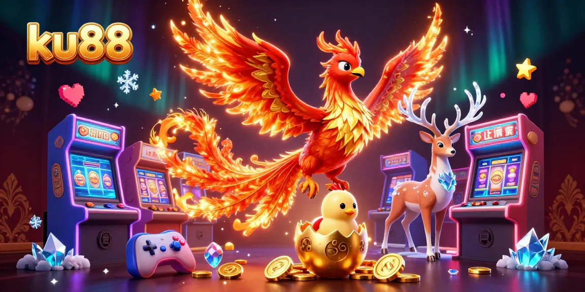 Play thrilling casino games with ku88 in a vibrant 3D illustrated scene featuring a phoenix and impressive visuals.