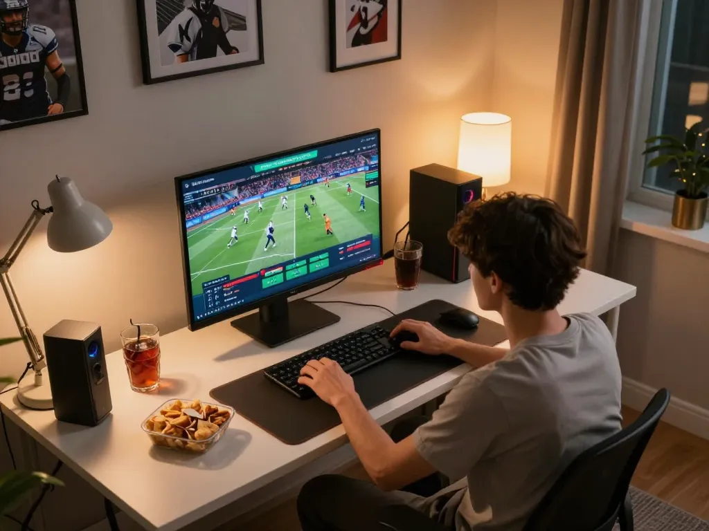 SOCOLIVE user analyzing sports bets on a laptop at home with a cozy setup, snacks nearby