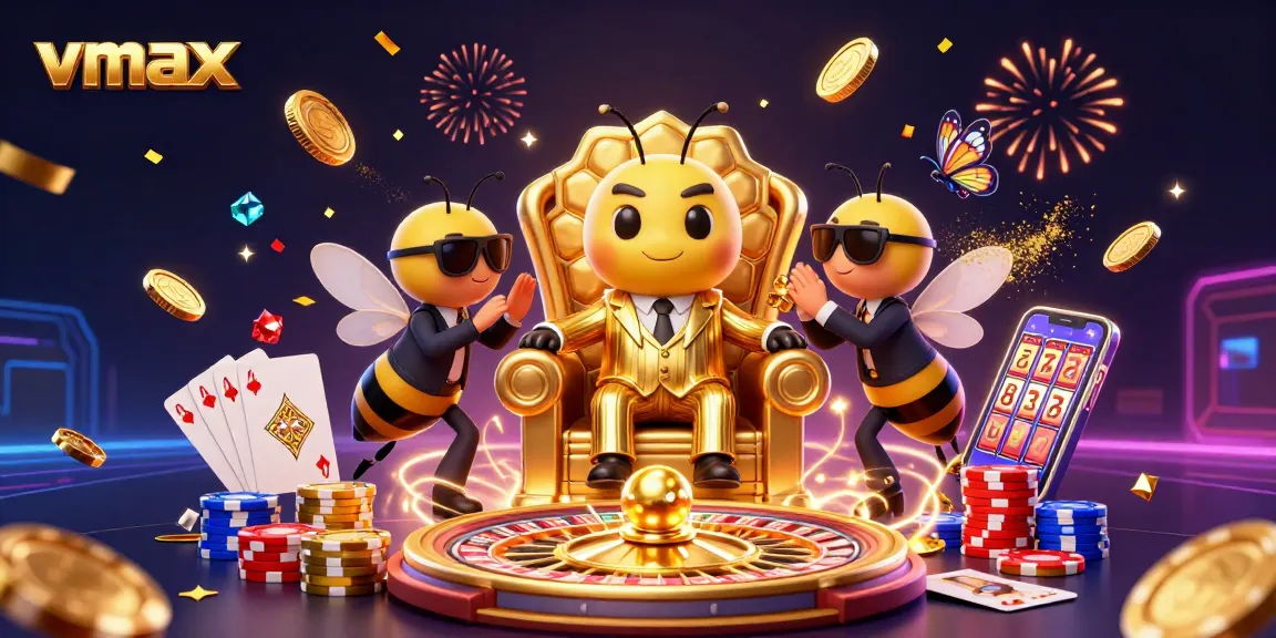 Experience winning with vmax casino games amid golden coins and lively characters.