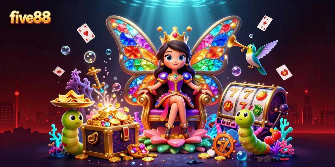 Engage in exciting gaming at five88 with a vibrant casino scene featuring a butterfly queen.