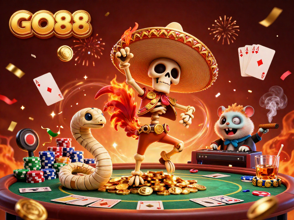 Experience GO88 excitement with a lively 3D casino scene featuring dancing characters and poker elements.