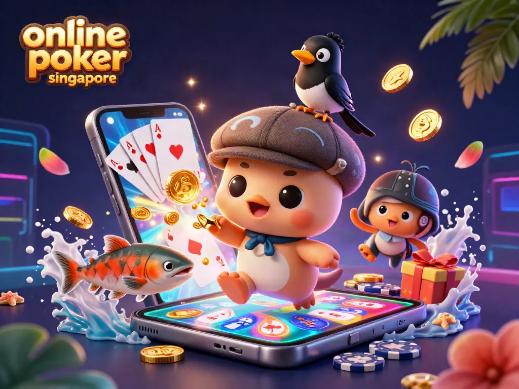 Engage with online poker Singapore through a lively 3D scene featuring cartoon Nessie and gaming elements.