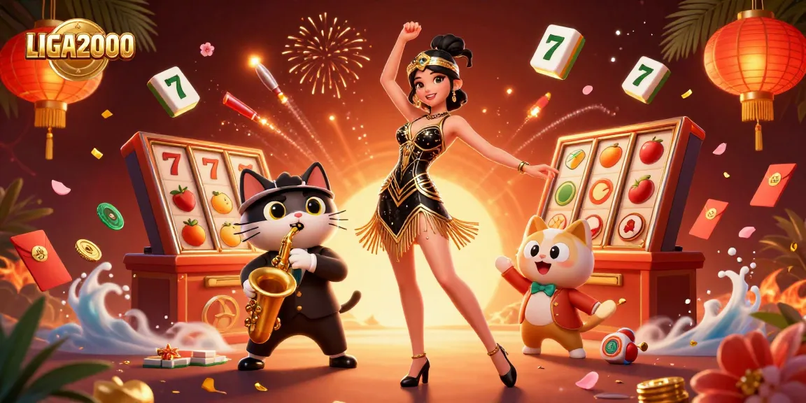 LIGA2000 menampilkan kegembiraan bermain slot yang cerah dengan ilustrasi dinamis seorang wanita yang menari dan kucing yang bermain saksofon.
