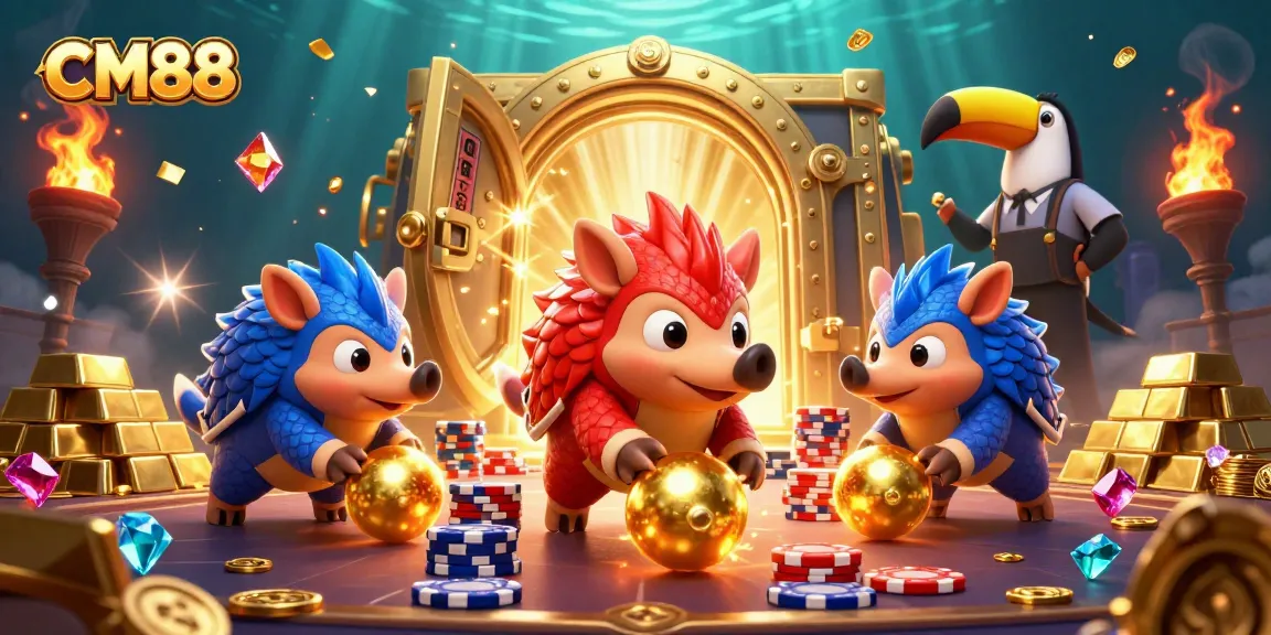 CM88 pangolins engage in a high-stakes casino battle with poker chips and golden treasures.
