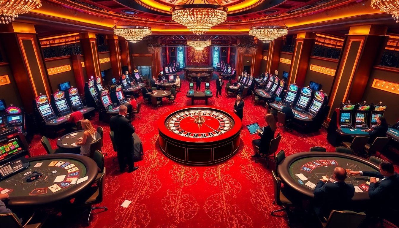 Experience the thrill of LuckyWin with vibrant tables, poker chips, and a roulette wheel in an upscale casino.