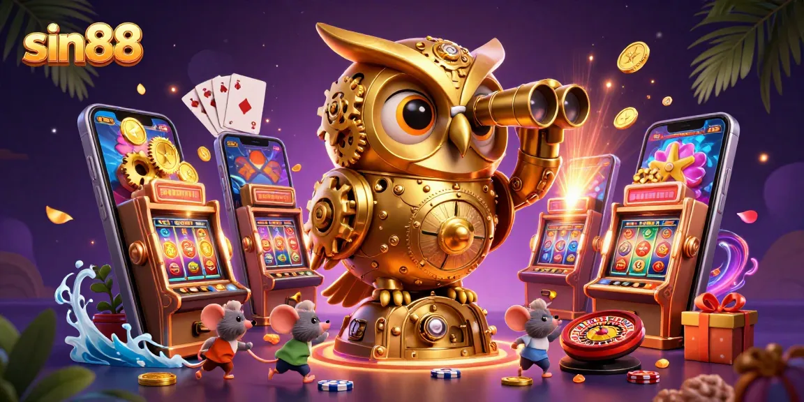 Experience thrilling gameplay at sin88 with a golden owl overseeing lively casino action.