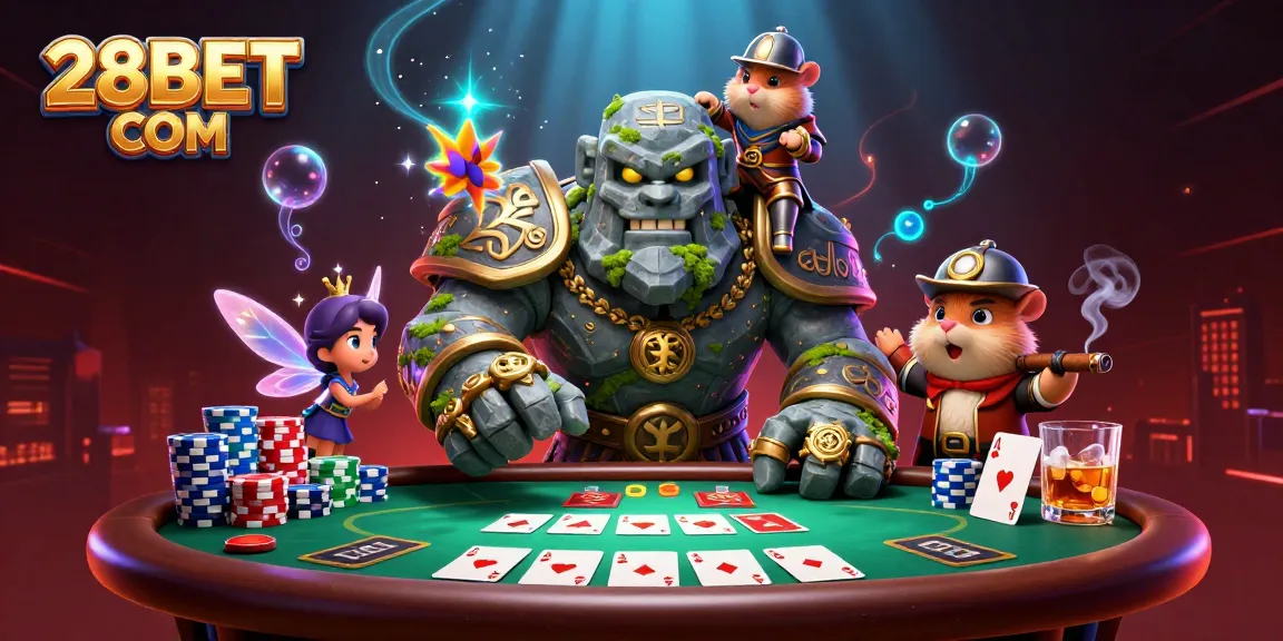Join the excitement with 28BET COM as you play poker with fantasy characters in this vibrant casino scene.