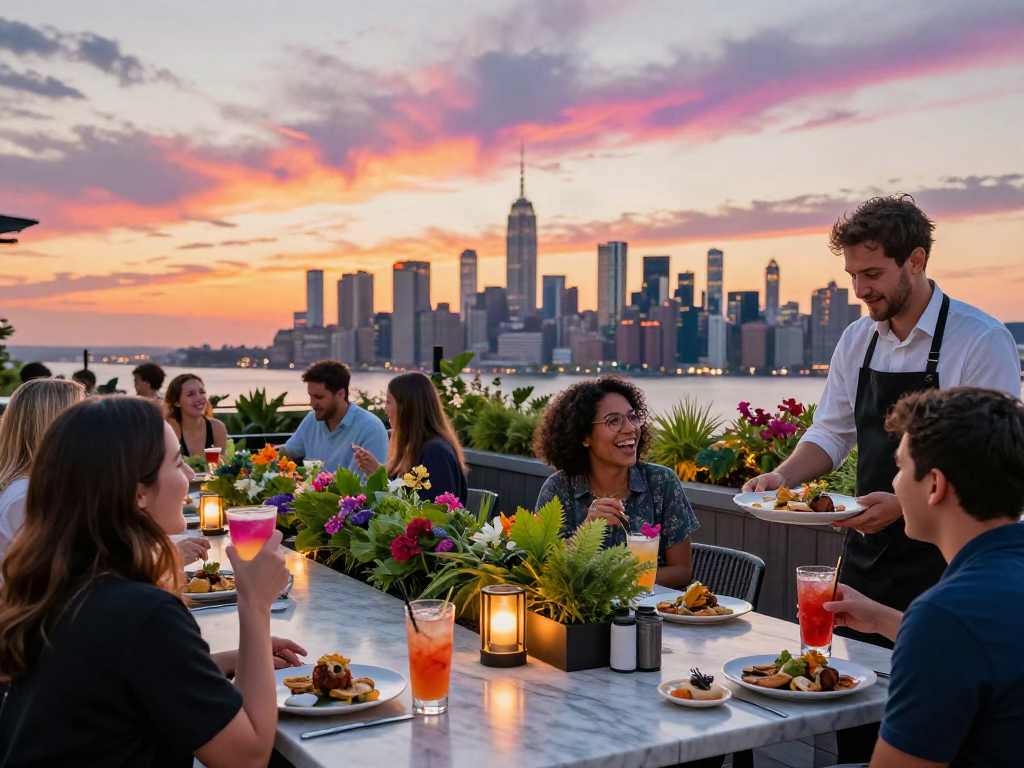 Guests enjoying cocktails at NoHu Rooftop Bar with NYC skyline views.