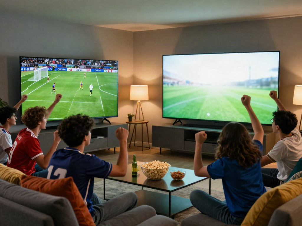Soccer fans watching a live match on Cakhiatv, excitement and camaraderie evident.