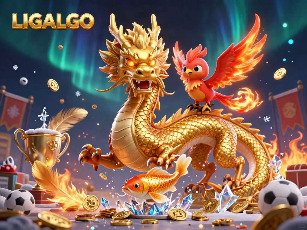 Experience thrilling gameplay with LIGALGO: Golden dragon, phoenix, and koi fish amid sports betting excitement.