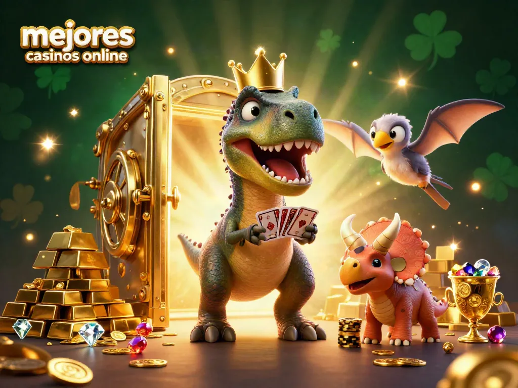 Explora los mejores casinos online con un divertido T-Rex jugando cartas y una triceratops apilando fichas doradas.
