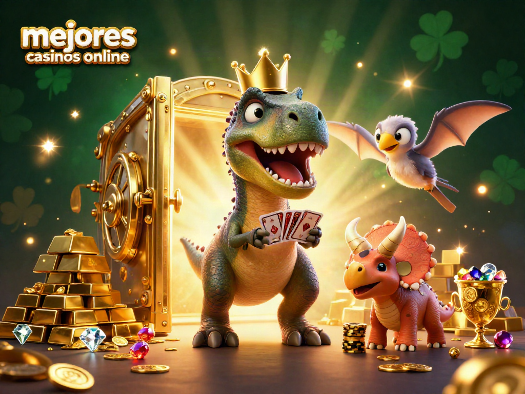 Explora los mejores casinos online con un divertido T-Rex jugando cartas y una triceratops apilando fichas doradas.
