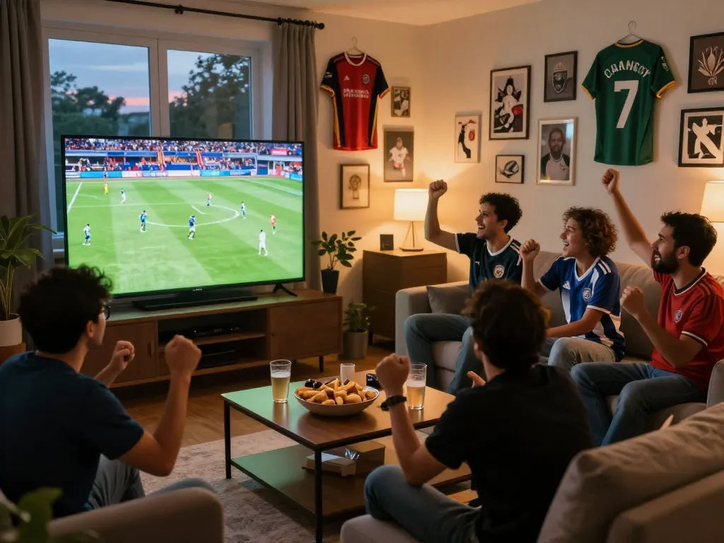 Cakhia tv football fans enjoying a live match in a cozy living room atmosphere.
