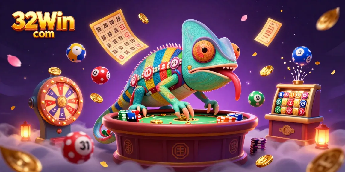 Experience the thrill of 32Win com games with vibrant 3D chameleon and lottery elements in a dynamic casino scene.