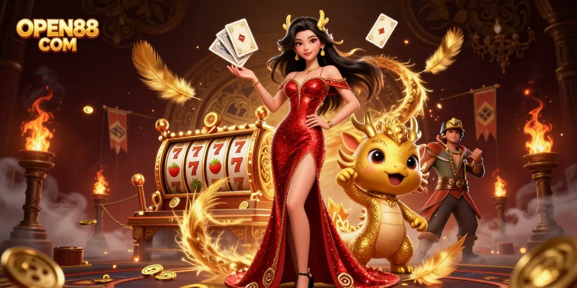 Experience the thrill of gaming at OPEN88 COM with luxurious elements, slot reels, and a stunning 3D casino scene.