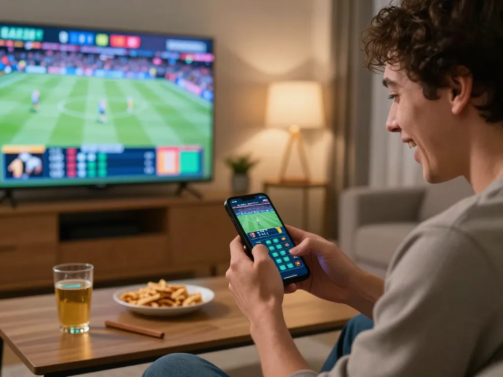 Person placing bets on vipwin from smartphone while watching live sports.