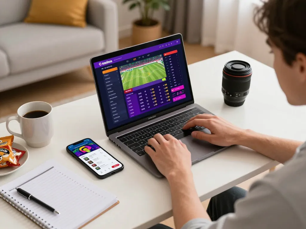 Online sports betting setup showing kèo nhà cái interface on laptop and smartphone with strategies.