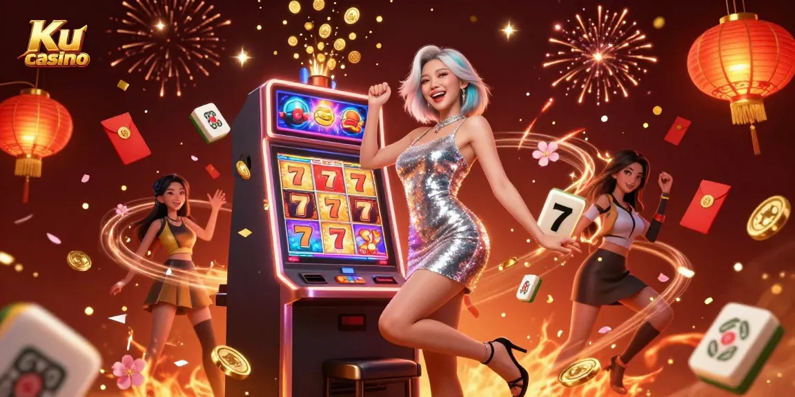 Win at Ku casino with vibrant slots and celebratory jackpot scene