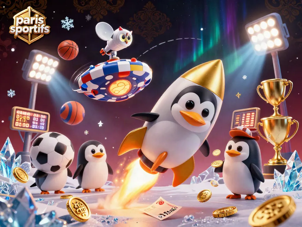 Engage in paris sportifs with a golden penguin innovatively navigating a cosmic betting arena amidst dynamic sports elements.