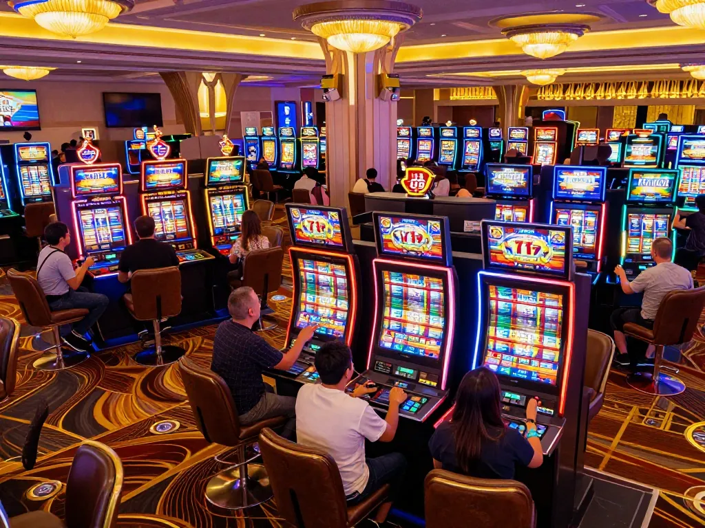 Players celebrating wins at 79king slot machines in a vibrant Las Vegas casino.