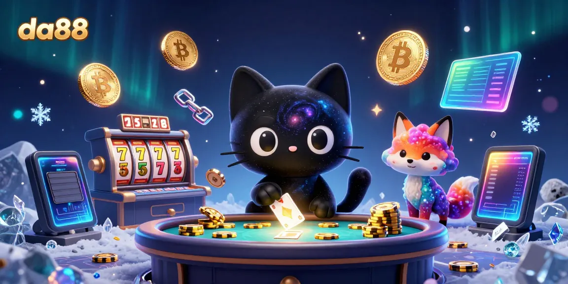 Experience the thrill of da88 casino with a cosmic-themed 3D illustration featuring slot machines and vibrant characters.