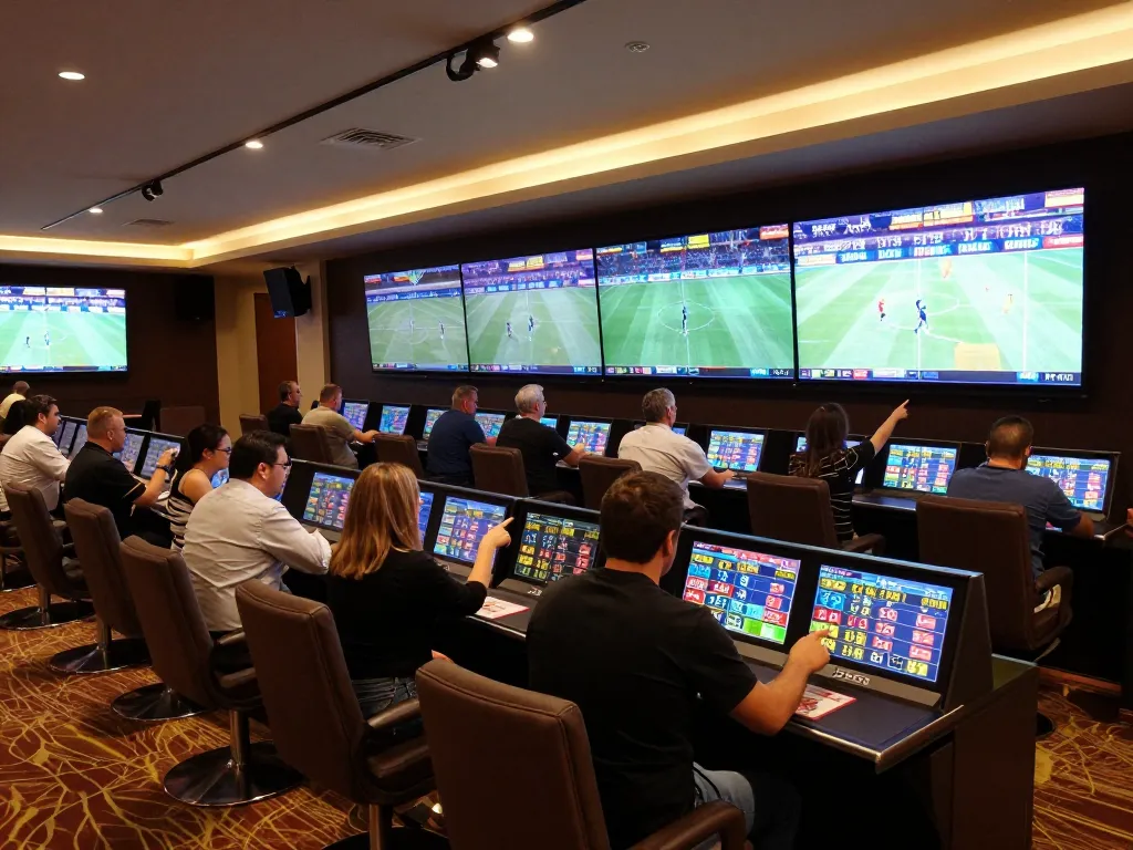 View of a vibrant sports betting area at 789betcom, showcasing enthusiastic gamblers placing bets.