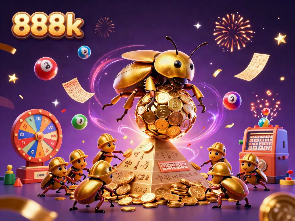Engage in an exciting 888k gaming adventure with golden beetles rolling coins and vibrant lottery elements.
