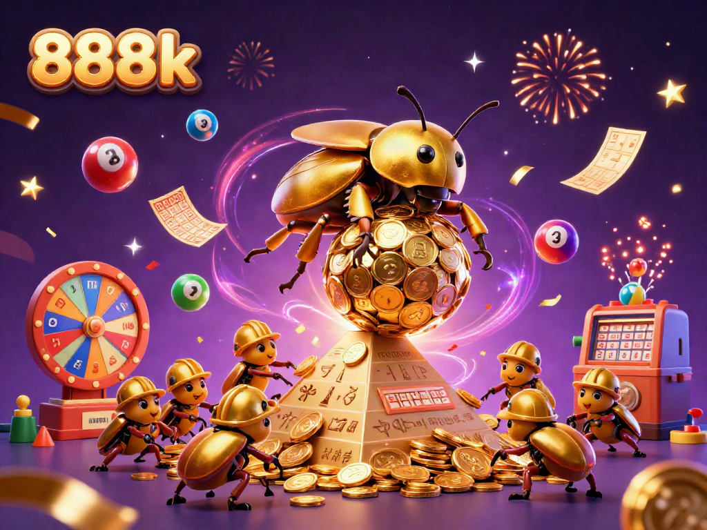 Engage in an exciting 888k gaming adventure with golden beetles rolling coins and vibrant lottery elements.