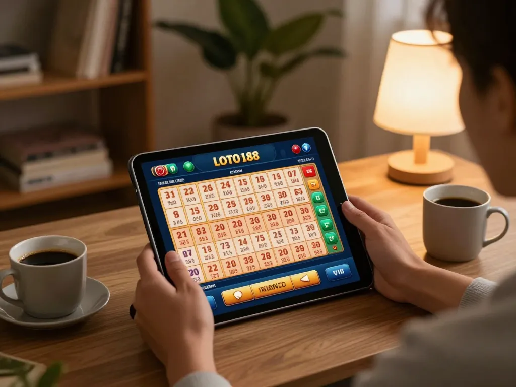 Engaging home gaming moment at LOTO188 TRANG CHỦ with player using tablet for lottery bets