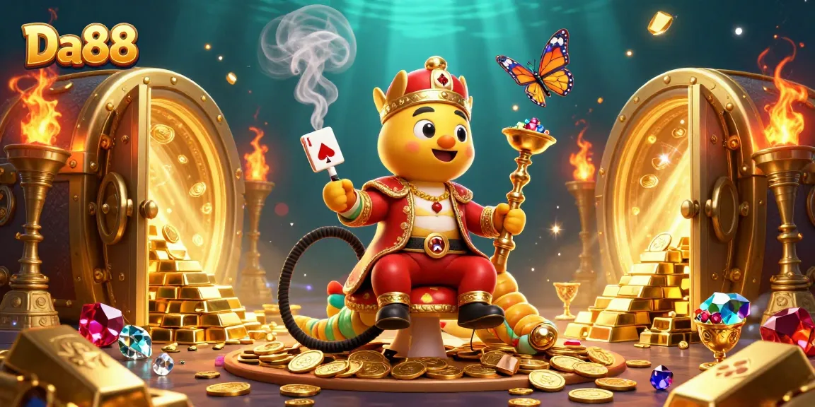 Experience Da88 with a vibrant 3D casino scene showcasing poker hand symbols and golden treasures.