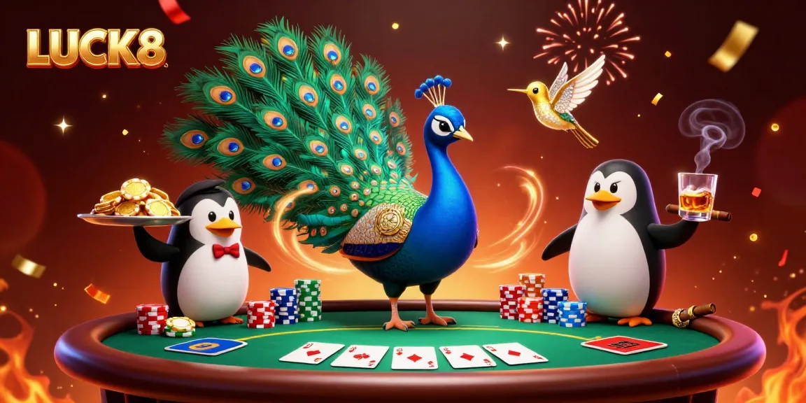 Engage in thrilling poker action with LUCK8 featuring vibrant characters and dynamic casino elements.