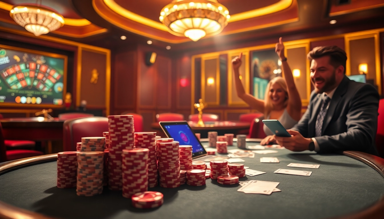 Engaging scene of gambling excitement with HM88 poker chips and cards on a lavish casino table.