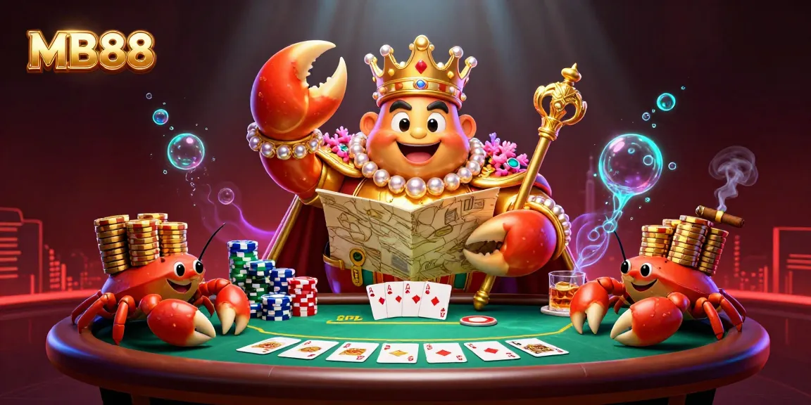 Experience the thrill of MB88 as a golden crab emperor presides over a vibrant poker scene, showcasing luxurious game elements.