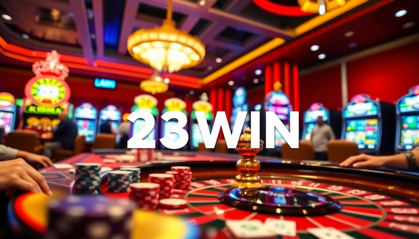 Experience thrilling gameplay at 23WIN's luxurious casino with vibrant tables and captivating slot machines.