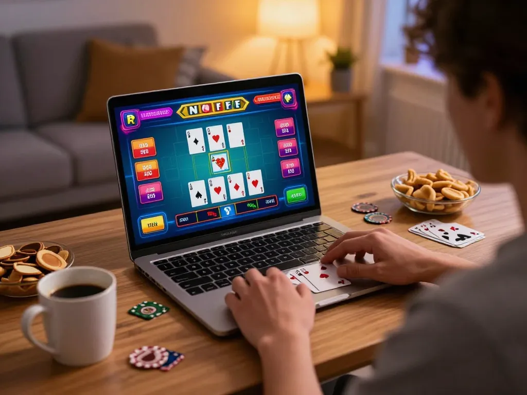 Player enjoying blackjack on tr88s online platform in a cozy home environment, emphasizing strategic gameplay
