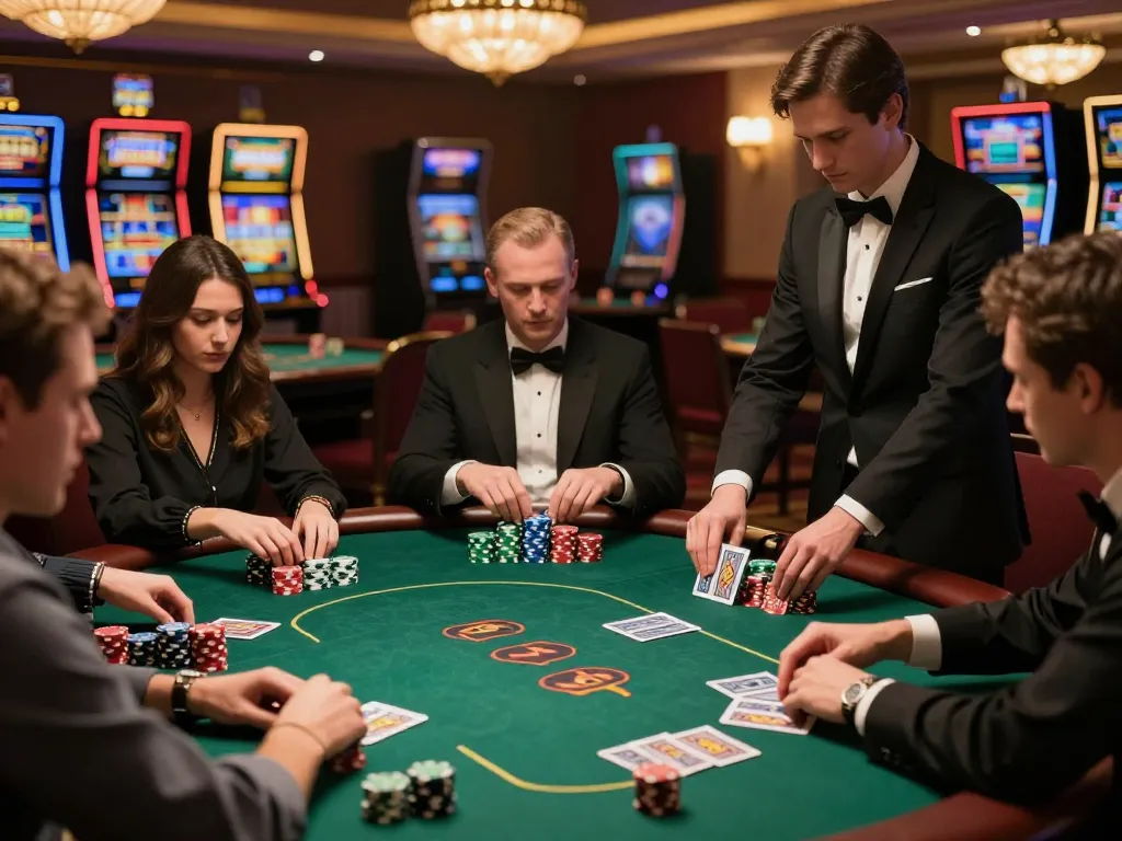 Participants strategizing at QQ 88 poker table with intense gameplay and warm lighting.
