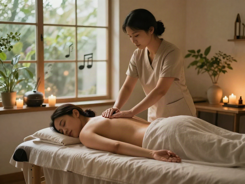 Relaxing 수원출장안마 scene in a wellness studio with candles and soothing ambiance.