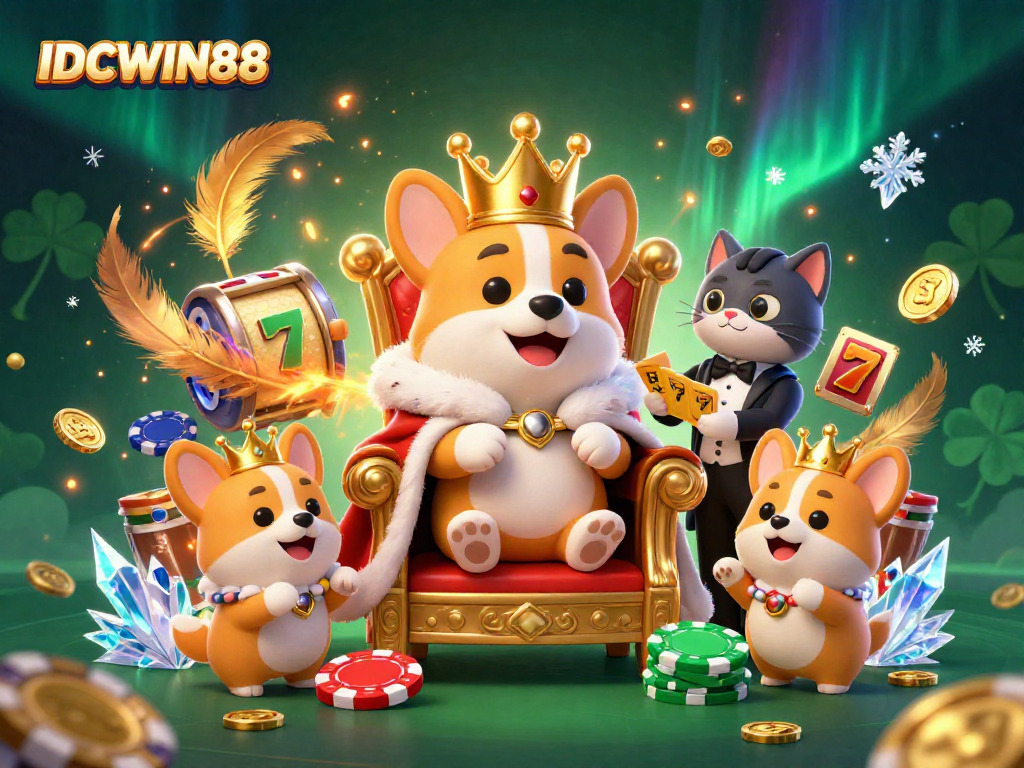 Play vibrant slot games at IDCWIN88 with animated characters enjoying thrilling casino experiences and golden tokens